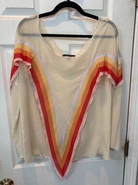 🛍️ Haoduoyi Sheer Chiffon Retro Rainbow Chevron Ruffle Flare Sleeve Top L